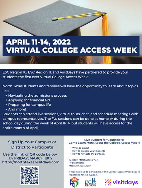 Virtual College Access Week is coming up!  Check out the graphic below for more information.