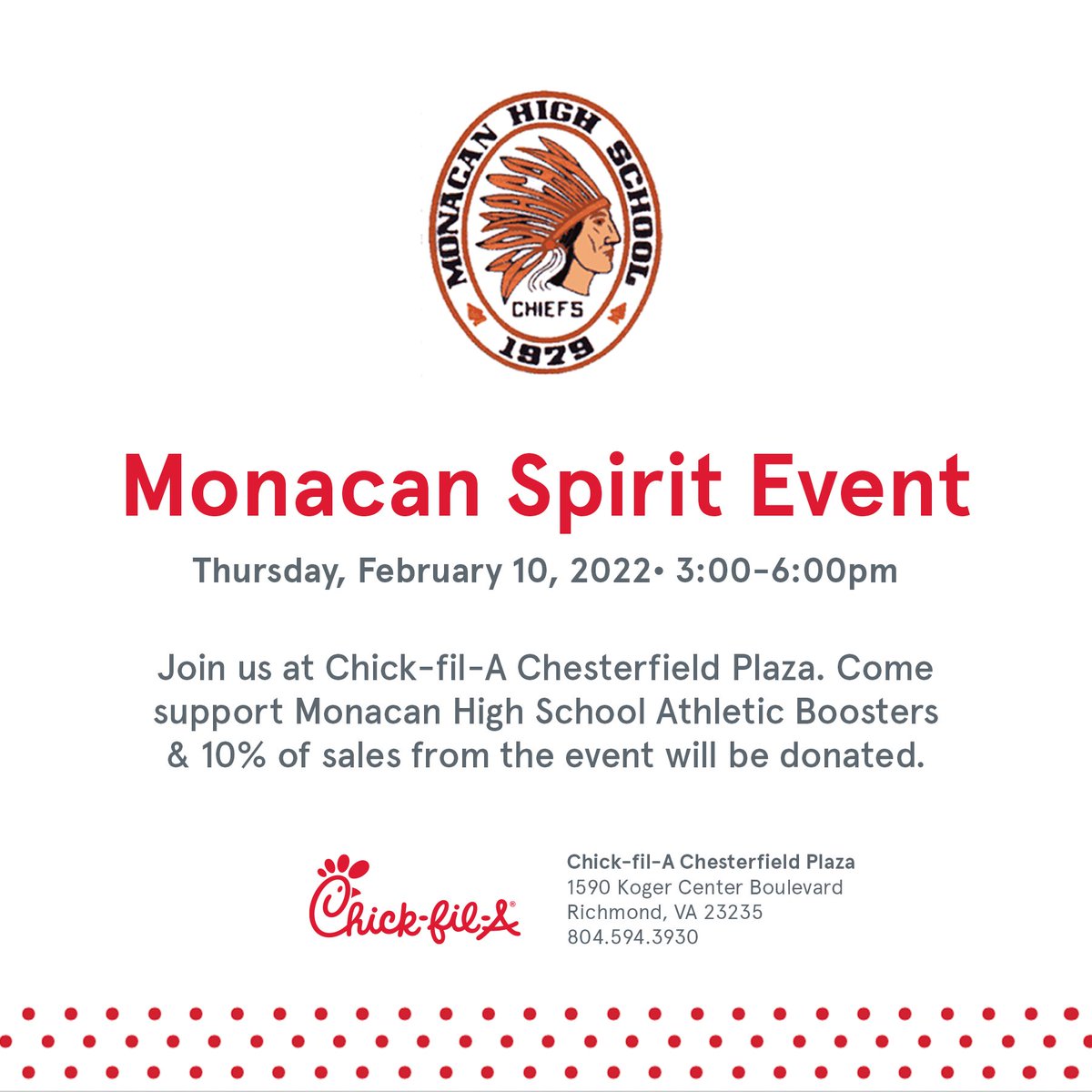 This Thursday (2/10) from 3-6PM is Monacan's next Spirit Event - and it's at CHICK-FIL-A! Visit CFA at Chesterfield Plaza, mention Monacan when ordering, and CFA will donate 10% of the proceeds to the Athletic Boosters! Enjoy an early dinner on Thursday from Chick-fil-A!