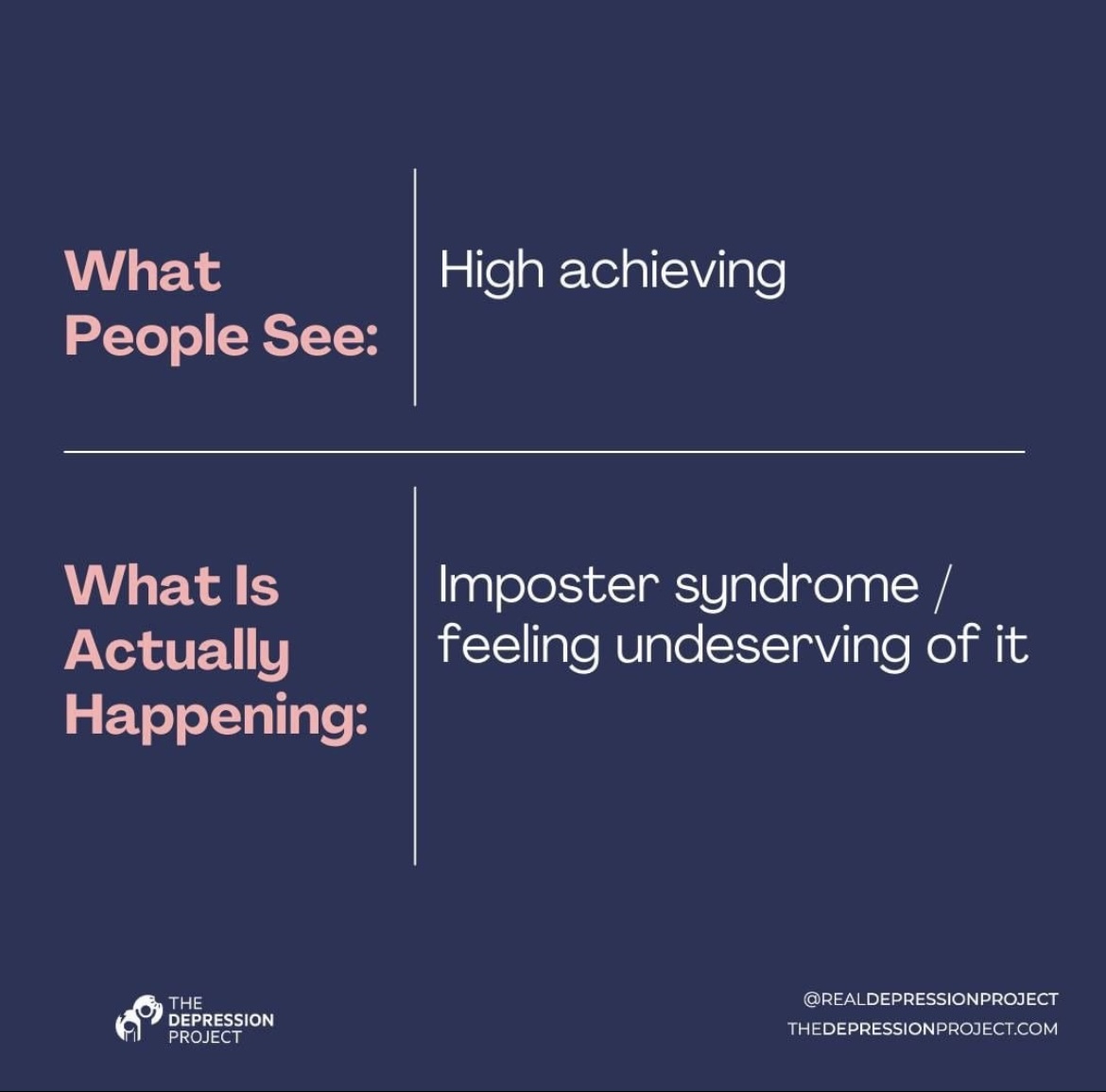 beckybeckyfish's tweet photo. I recently had feedback that I'm annoying at work about how good my life is and how much I'm achieving, and also that it's weird that I am less positive on social media than irl

I present to you: the symptoms of high-functioning depression by #realdepressionproject 😅 https://t.co/14kakSvp87
