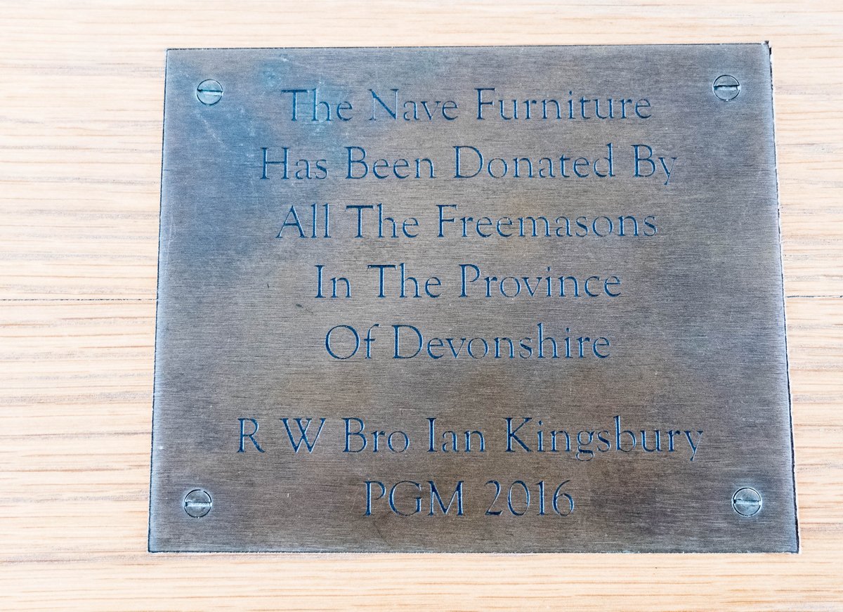 oldheleanlodge's tweet photo. On A visit to the Moon exhibition in Exeter Cathedral I found this plaque. From All the Devon Freemasons in the province of Devonshire. R W Ian Kingsbury PGM 2016. Just purely co-incidence that I leant on the table to take a photograph but a wonderful surprise. https://t.co/MvO5WzjSHM