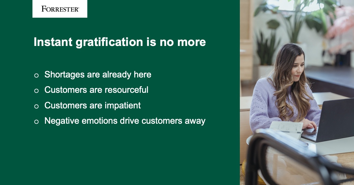 How can #CustomerExperience compensate for new expectations? Proactively messaging customers, creating a fun waiting experience, and offer services to bridge the gap.

#ForrPredictions <a href="/JudyWeader/">Judy Weader</a>