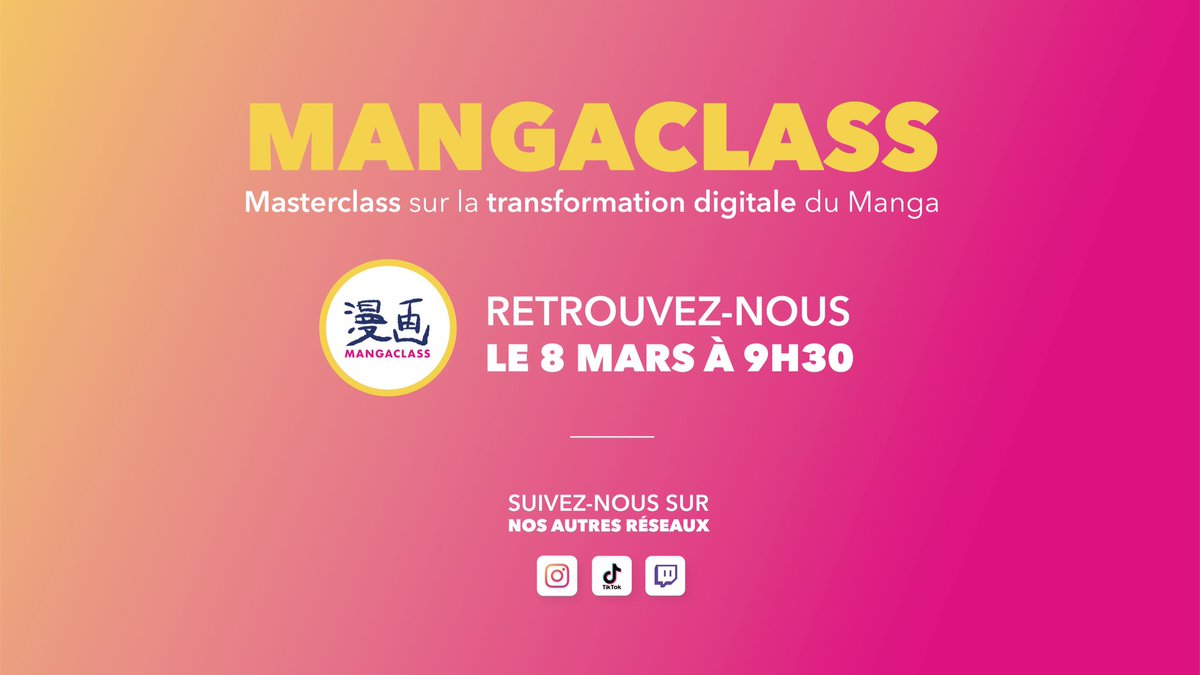 🗓 Rendez-vous le 8 mars à 9h30 !

La Mangaclass ? 🐲

Transformation digitale et manga au programme, la team te partage tout ce qu’elle sait et on t’invite aussi à donner ton avis !

Stay tuned... 😉

#Mangaclass #TransfoNum #MBADMB