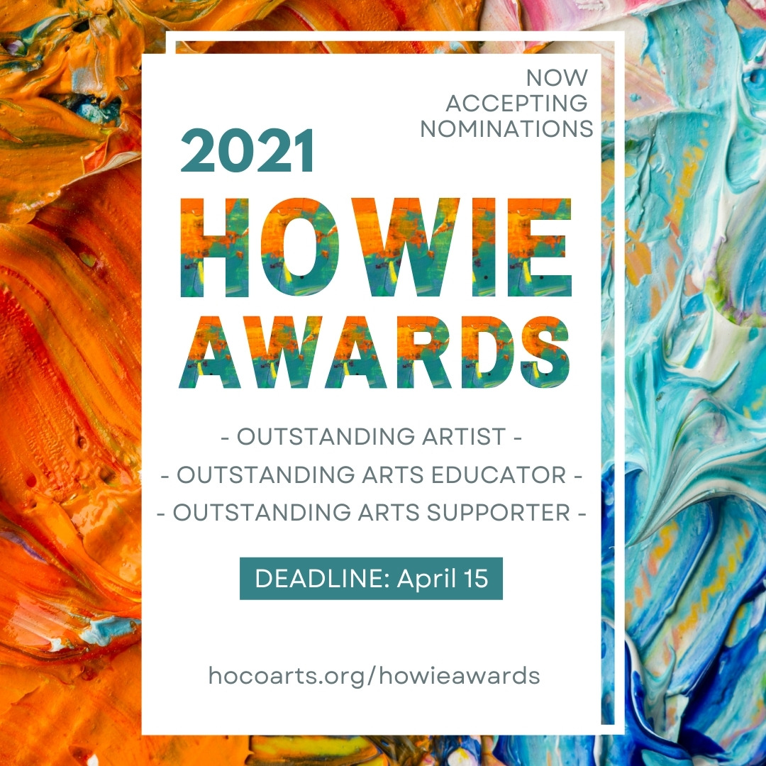 hocoarts's tweet image. Nominations sought for the 2021 Howie Awards!
Help us recognize those who create, teach &amp;amp; support the arts in Howard County! Learn more &amp;amp; submit your nomination at hocoarts.org/explore/learn-…

Deadline: April 15. #hocoarts #hocomd #howieawards #howies #celebration2022