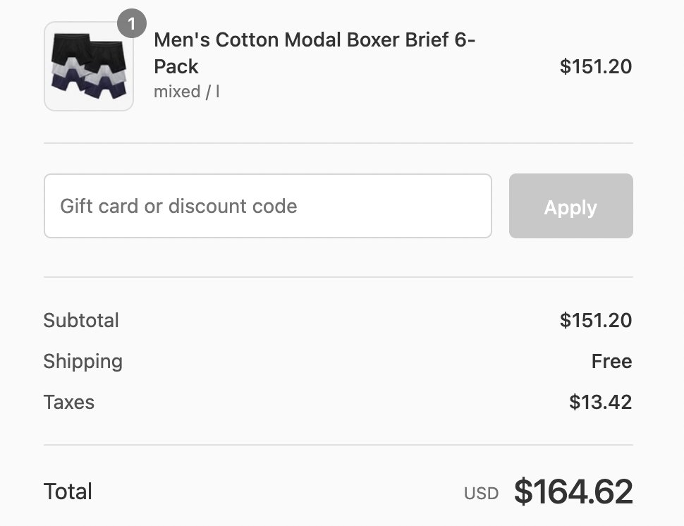 elahd's tweet photo. @BOMBAS You might be over-collecting taxes in NY. Clothing under $110/item isn't subject to sales tax. Items in your multipacks are shipped in individual packaging. 1x 3pk of boxer-briefs, $79.80, no tax. 1x 6pk, $151.20 w/ $13.42 tax ($164.62). 2x 3pk, $159.60, no tax. https://t.co/WS5RoGmrtu