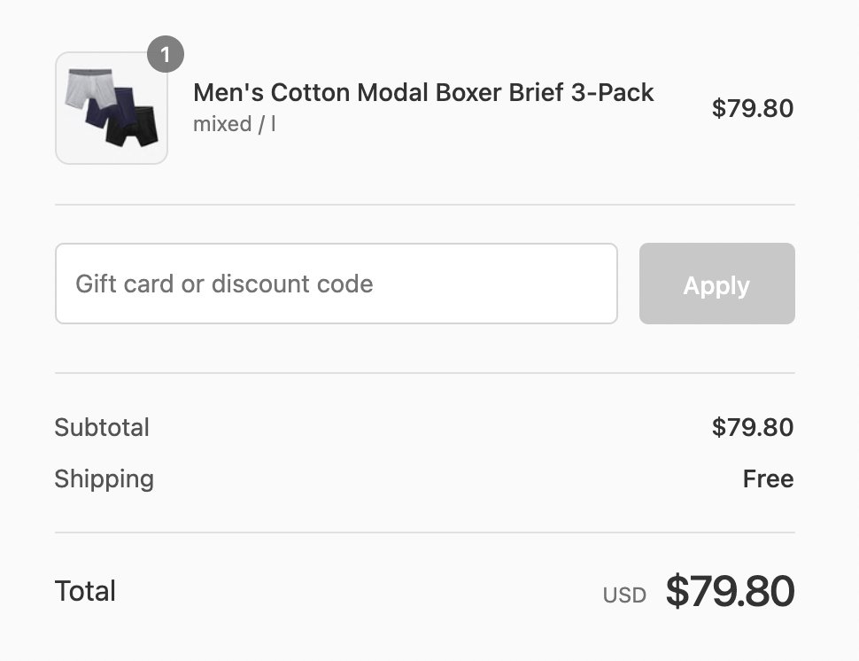elahd's tweet photo. @BOMBAS You might be over-collecting taxes in NY. Clothing under $110/item isn't subject to sales tax. Items in your multipacks are shipped in individual packaging. 1x 3pk of boxer-briefs, $79.80, no tax. 1x 6pk, $151.20 w/ $13.42 tax ($164.62). 2x 3pk, $159.60, no tax. https://t.co/WS5RoGmrtu