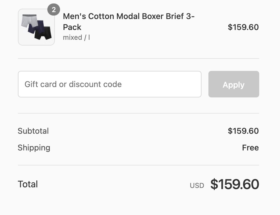 elahd's tweet photo. @BOMBAS You might be over-collecting taxes in NY. Clothing under $110/item isn't subject to sales tax. Items in your multipacks are shipped in individual packaging. 1x 3pk of boxer-briefs, $79.80, no tax. 1x 6pk, $151.20 w/ $13.42 tax ($164.62). 2x 3pk, $159.60, no tax. https://t.co/WS5RoGmrtu