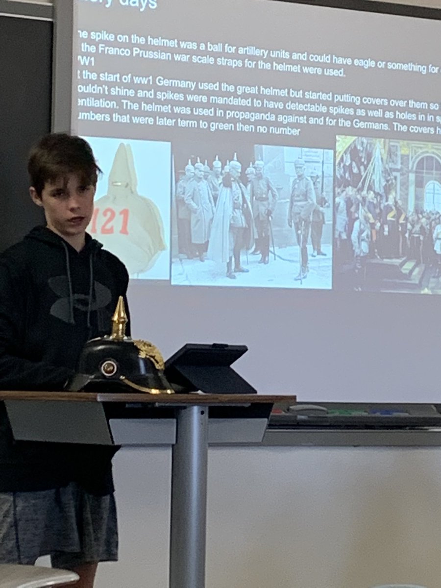 History club today. We are learning about the Pickelhaube and he brought one that he owns. #villagenorth #cmsnorth