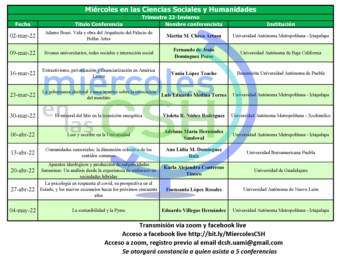 DocenciaCSH's tweet photo. Ciclo de conferencias Miércoles en las Ciencias Sociales y Humanidades 
Trimestre 22-I
@UAM_Iztapalapa @uamxoficial @UAMAzcOficial @uamcuajimalpa @UAM_Lerma @Extension_UAMI @uanl @Prensa_UdeG @UABC_oficial @BUAPoficial @FENAPSIME @fcienciasuami @UAM_FM https://t.co/EAj0ToLOtv