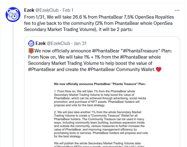JpegTrainer's tweet photo. (6/7)
As of February 1st, Phantabear has denoted that 26.6% of Opensea royalties shall be used appropriately to not only sweep the floor price of the collection, but also added into a community wallet to give exponential value to its holders https://t.co/kWCV1yMTnA