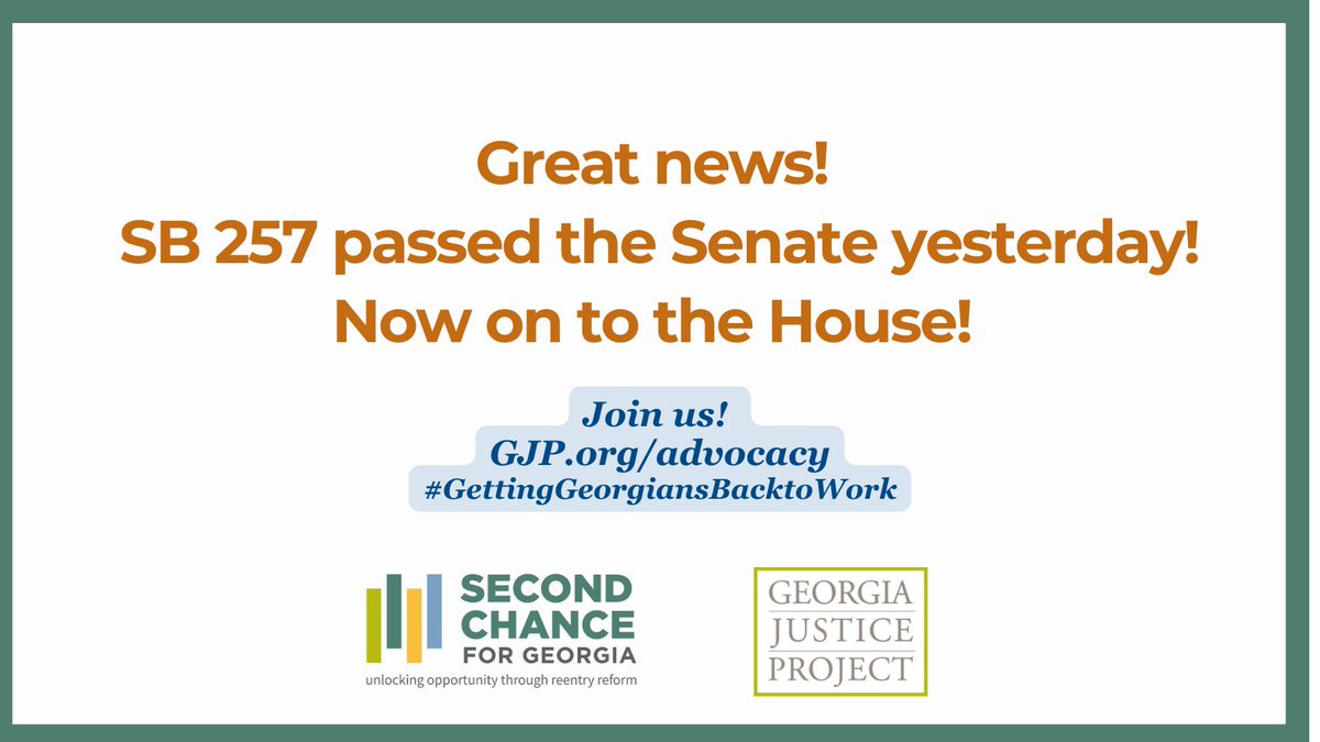 gajustice's tweet photo. SB 257 passed the Senate yesterday, now on to the House! Learn more about GJP’s efforts to continue to expand access to expungement here https://t.co/mbv9tg6Sol

Join us: https://t.co/n7lPc1VRSq 
#gapol #GetGeorgiansBacktoWork https://t.co/a5QYypoRZp