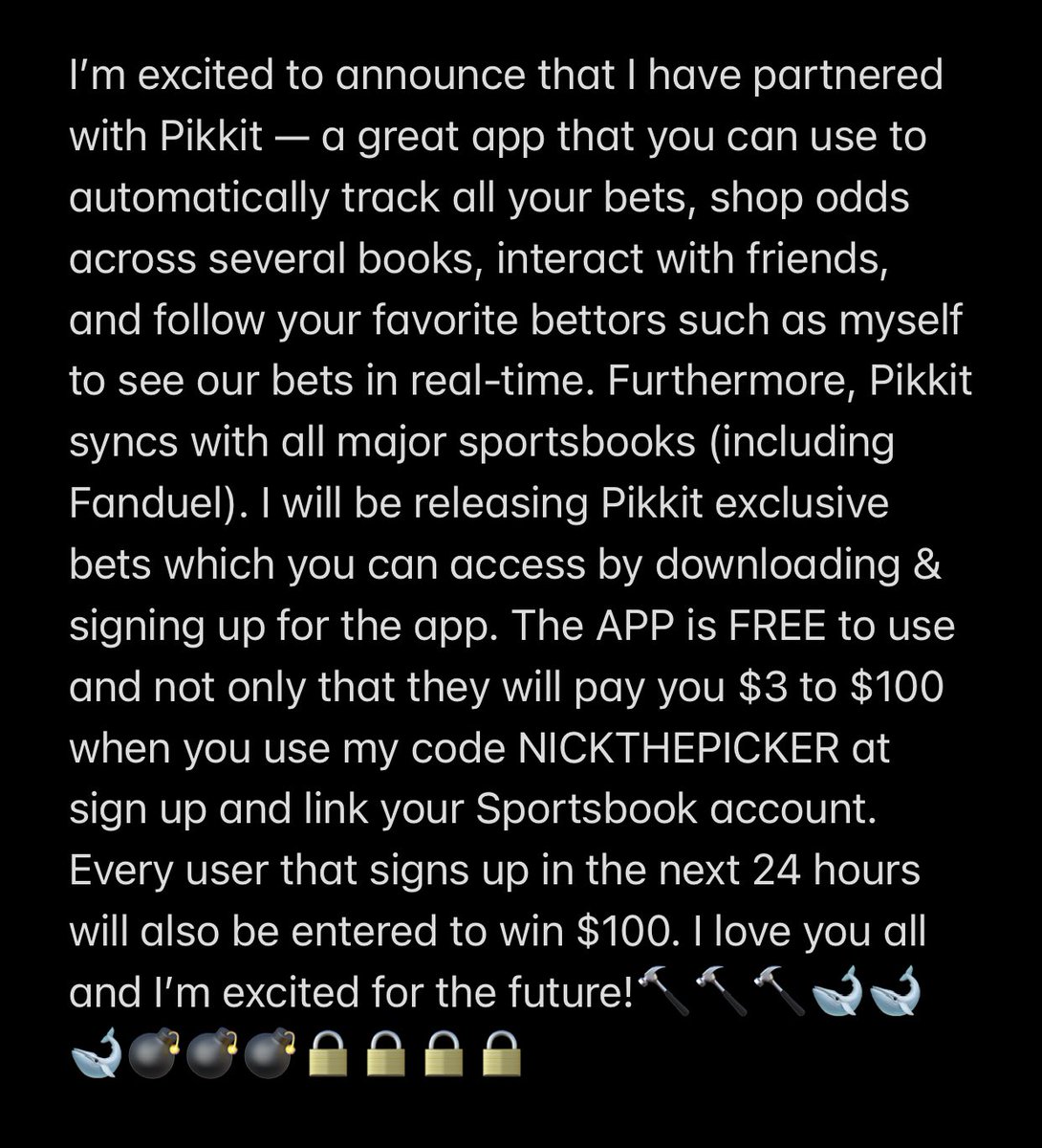 Nickthepicker's tweet image. Nickthepicker 🤝 Pikkit

LIKE AND RETWEET THIS POST AND I WILL CHOOSE A WINNER IN THE NEXT 24HRS TO WINNER TO GET $100. Another giveaway ⬇️ #GamblingTwitter #Giveaway #bettingtwitter
