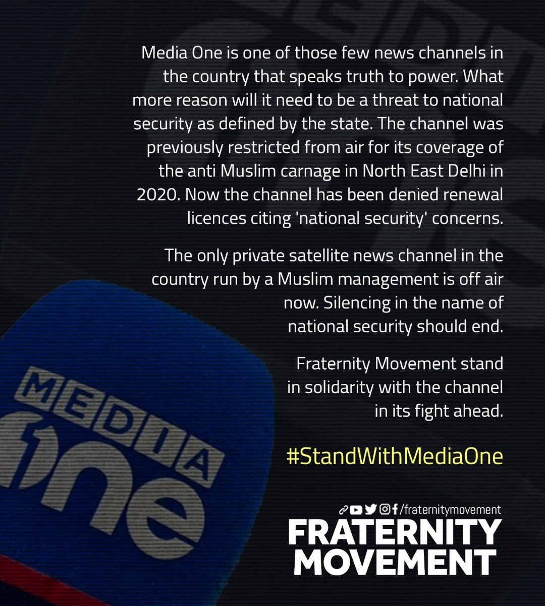 ashrafkondotty's tweet photo. Fraternity Movement stand in solidarity with Media one in its fight ahead. #StandWithMediaOne
#MediaOne https://t.co/QNDj0yPFyO