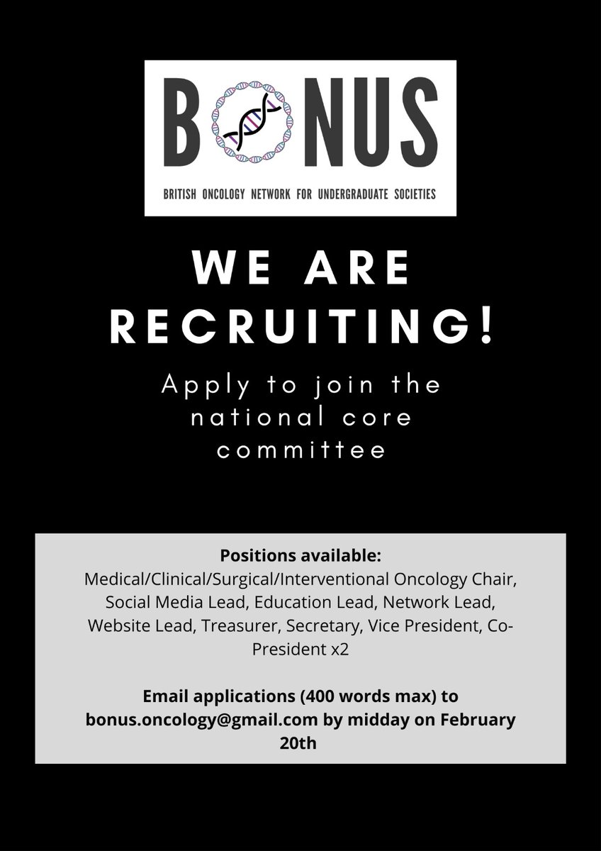 Opportunity to join the national BONUS core committee!

See below for positions available. 

Email applications (400 words max) to bonus.oncology@gmail.com by midday on February 20th!