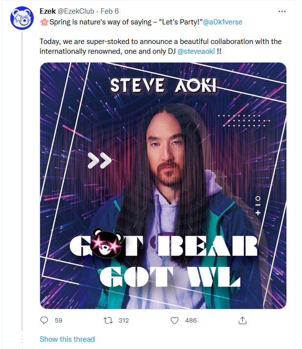 JpegTrainer's tweet photo. (7/7)
The Marketing campaigning of the team has expanded rapidly even within the past few days, to partner with American demographic celebrities and projects such as Steve Aoki's Metaverse - And are very consistently proving themselves to just in fact be the next BAYC of the East https://t.co/18sZTPeifs