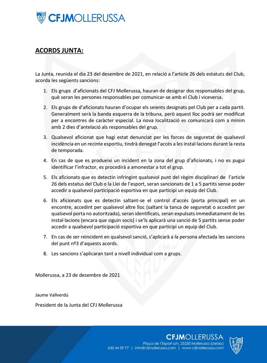 ‼️ La directiva del @FCJMollerussa decideix SANCIONAR sense poder entrar al camp Municipal de #Mollerussa en el pròxim partit lliga #1cat3 vs <a href="/UEValls/">Unió Esportiva Valls</a> el grup de seguidors de l'equip que diumenge van provocar aldarulls i van agredir jugador <a href="/UETarrega/">UE Tàrrega</a> <a href="/bohich11/">Hichem</a> #futbolcat #Lleida