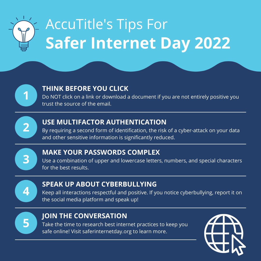 golandtech's tweet photo. To celebrate Safer Internet Day, we are sharing our top 5 tips for staying safe online! For more information, visit https://t.co/KC6pg6MZVm

#Landtech #PoweredByAccuTitle #TitleManagementPlatform #SaferInternetDay #SaferInternetDay2022 https://t.co/otKxpmriHh