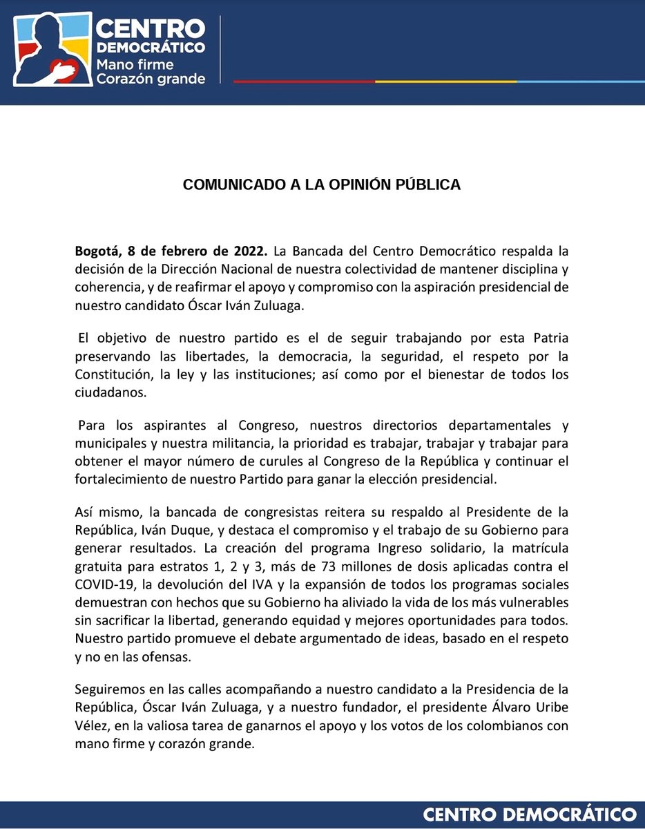 EdwinValdesCqta's tweet photo. Nuestro compromiso con la libertad y la patria no cesará ante el populismo y las mentiras, con @OIZuluaga continuaremos haciendo de Colombia un país en equidad y con derechos @CeDemocratico @AlvaroUribeVel https://t.co/Qj0yHo73KI