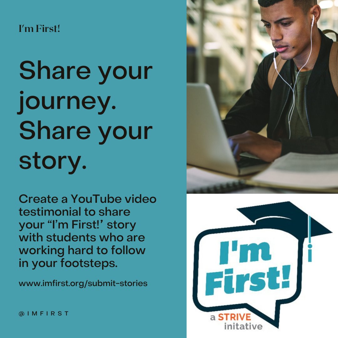 ImFirstGen's tweet image. Are you a #firstgenstudent and want to share your story? There are students out there going through what you went through. Your journey and your story may be just the thing they need to hear. Submit your video today. Link in bio. #shareyourstory #imfirst #imfirstgen #firstgengrad