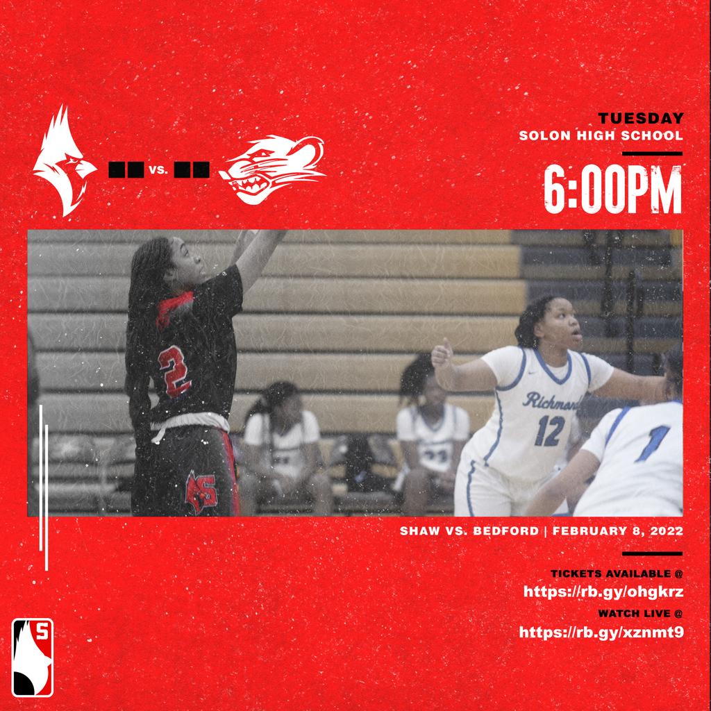 EastCleSchools's tweet image. TONIGHT! It&apos;s a DOUBLE HEADER! Your Shaw Cardinals and Lady Cardinals take on Bedford! Girls tip off is at 6PM. Boys tip off is at 7:30PM! Games take place at Solon High School! Buy your tickets at bhsathletics.org/event-tickets or WATCH LIVE at youtu.be/vUSnsyqD_