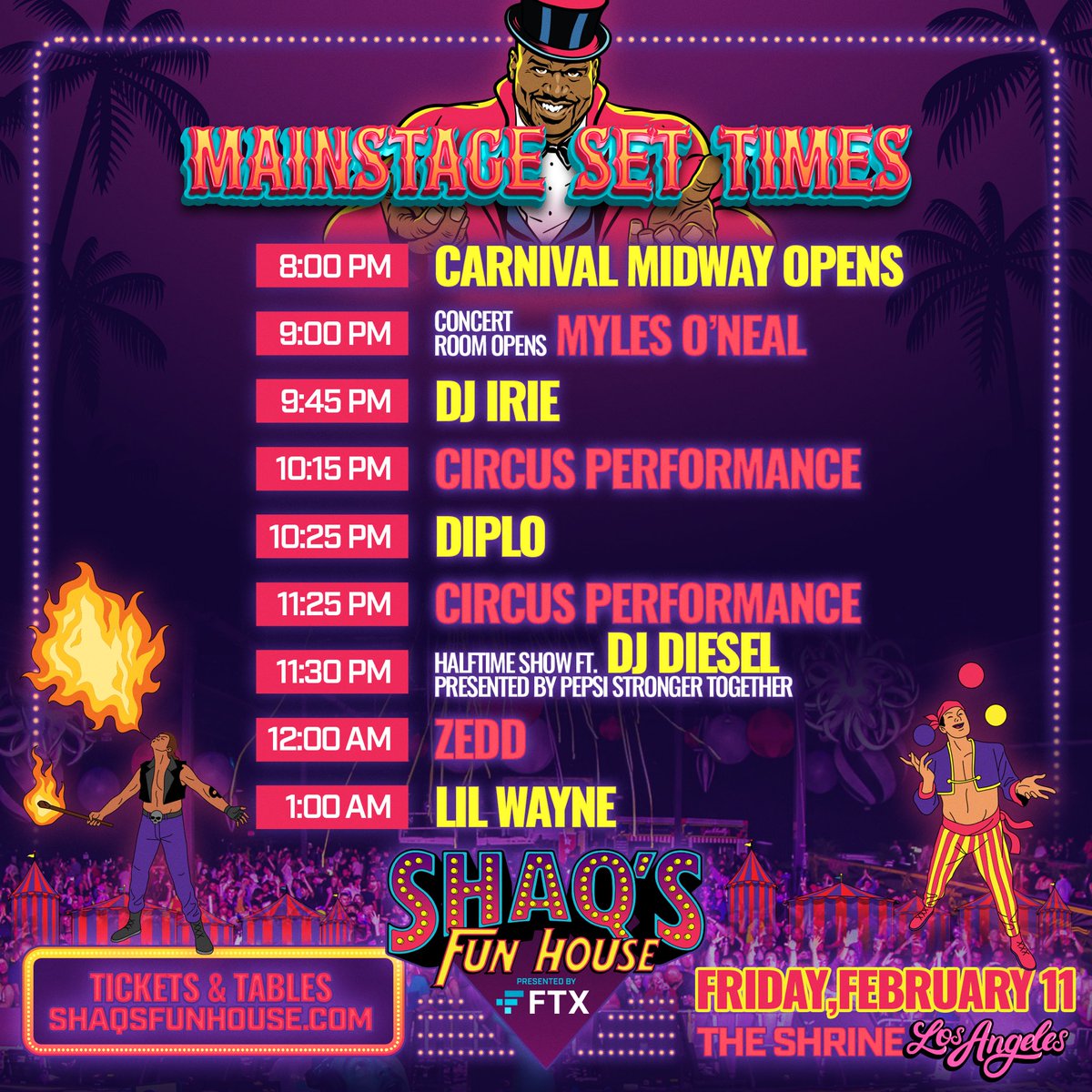ShaqsFunHouse's tweet photo. 🎪 SET TIMES for Shaq's Fun House Presented by @FTX_Official are out now!🔥 Who are you most excited to see? 
Come early when🚪Doors Open at 8pm to enjoy the🥂6-Hour Open Bar, 🍔 Gourmet Bites &amp; check out the Carnival Midway's🎡 Rides, 🧸 Games, Performers 🤹‍♀️ &amp;🍦Carnival Foods! https://t.co/ALZzOapA1v