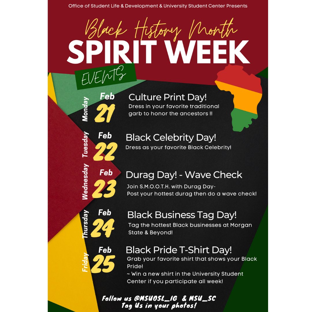 MSUOSL's tweet image. Celebrate Black History Month with our Social Media Spirit Week!  Be sure to tag @msuosl_ig on IG so we can repost. 
If you post each day, you can win a free Black History Month-We Are Black History #MoreThanaMonthMSU shirt!!