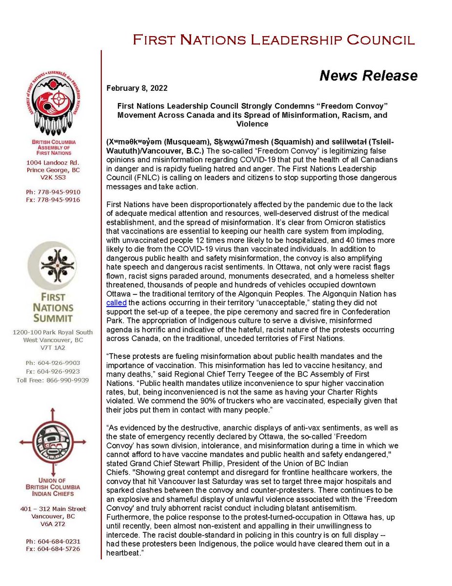 UBCIC's tweet photo. First Nations Leadership Council Strongly Condemns “Freedom Convoy” Movement Across Canada and its Spread of Misinformation, Racism, and Violence: "The racist double-standard in policing in this country is on full display -" https://t.co/FrNCEF3ajB https://t.co/ITb0z0QRI6