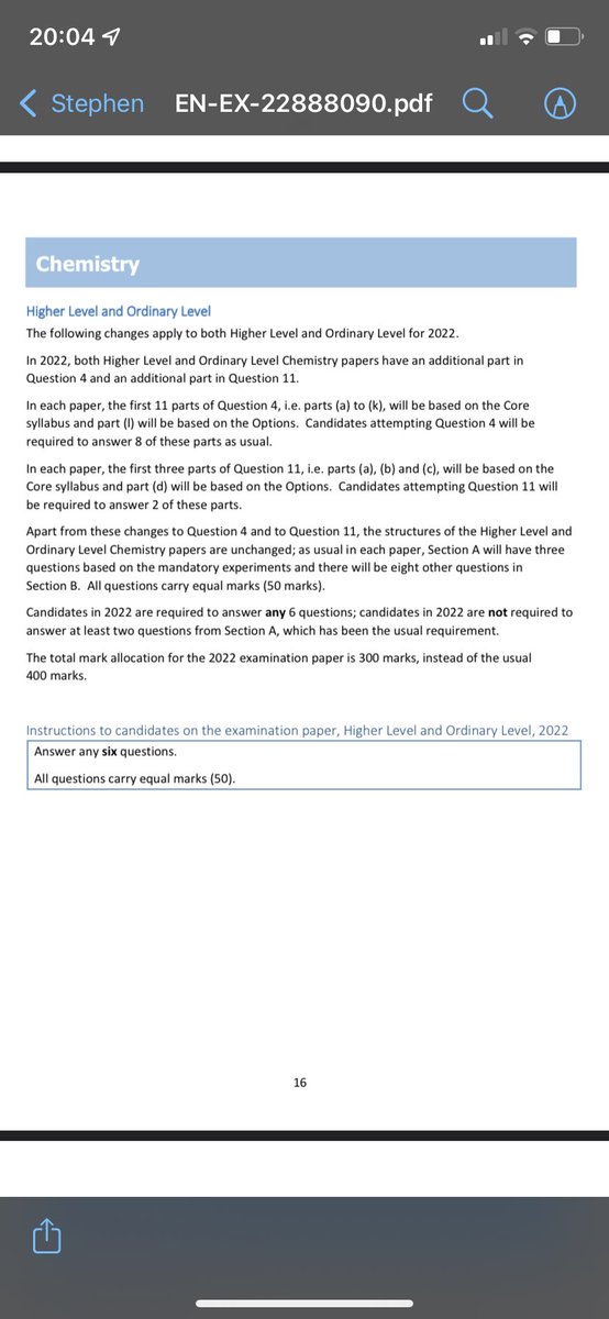 Changes to Papers for Biology and Chemistry for LC 2022.
6 out of 11 in chemistry for 300 marks in 3 hours.
8 out of 17 for 290 marks in 3 hours.

There will be a large number of H1s in both subjects again this year. #edchatie #lc2022