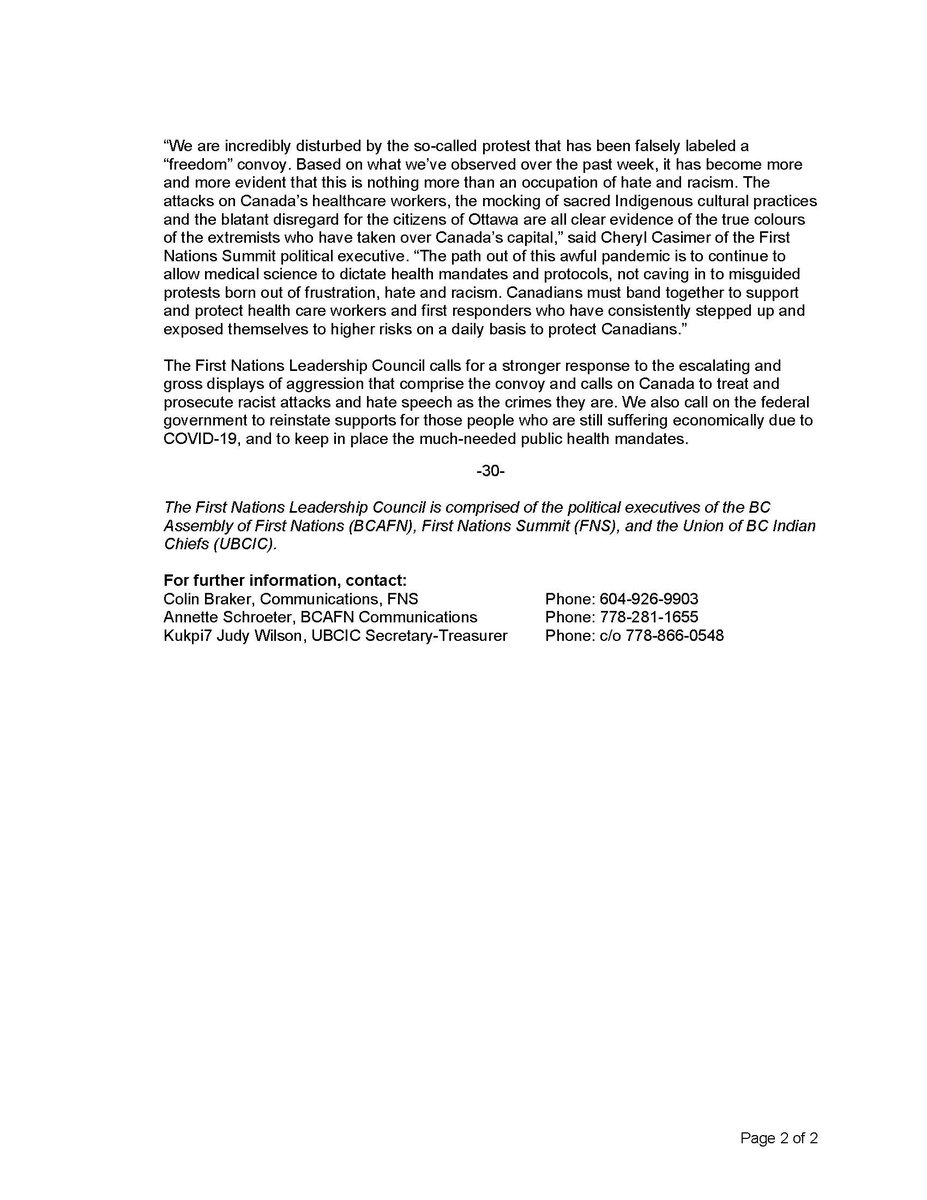 UBCIC's tweet photo. First Nations Leadership Council Strongly Condemns “Freedom Convoy” Movement Across Canada and its Spread of Misinformation, Racism, and Violence: "The racist double-standard in policing in this country is on full display -" https://t.co/FrNCEF3ajB https://t.co/ITb0z0QRI6