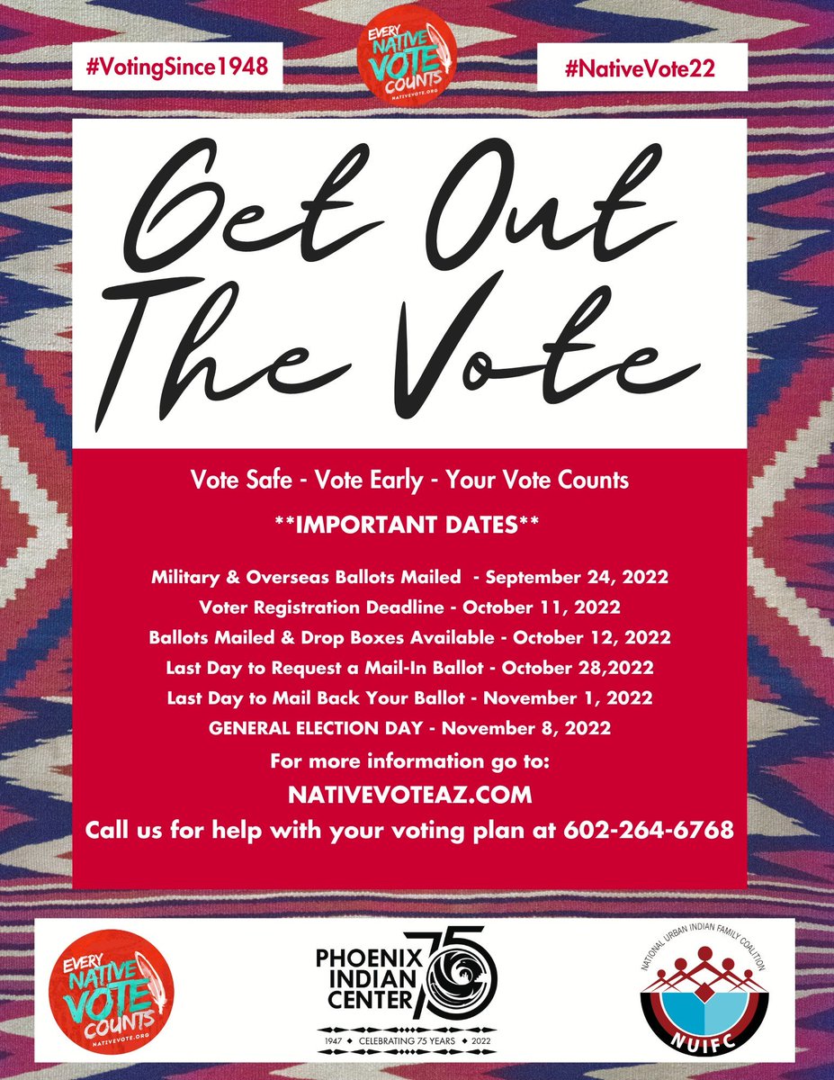 uicaz's tweet image. We have launched our updated #GetOutTheVote website and have key dates listed for the year. For voter registration information, click on this link: phxindcenter.org/resources/gotv/ and keep up with us as we provide more resources through 2022! #VotingSince1948 #NativeVote22