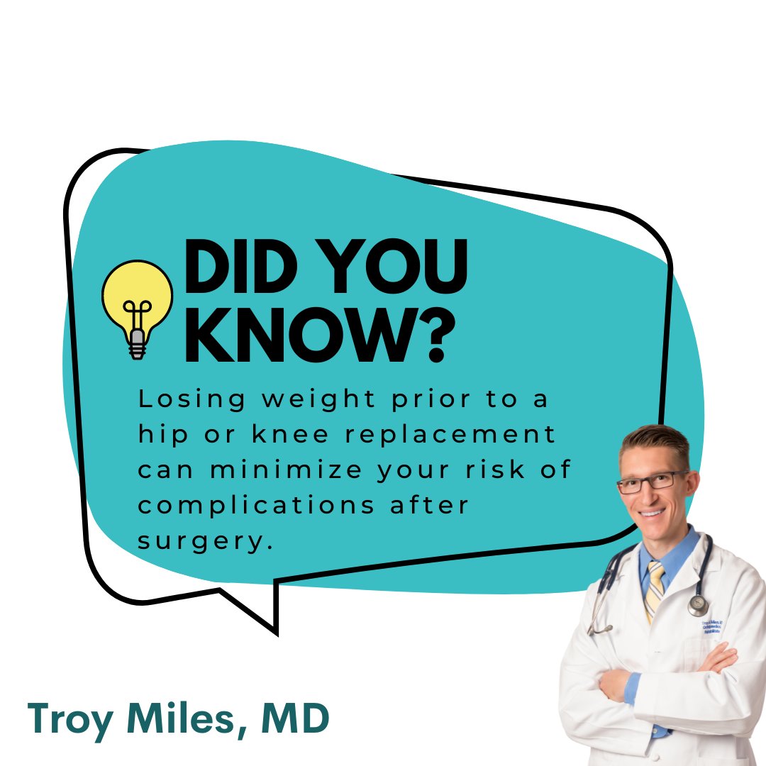 TroyMilesMD's tweet photo. #DYK that having a BMI of 40 or below makes you a great candidate for hip or knee replacement surgery? Learn more about how losing weight prior to surgery can reduce complications: https://t.co/Vy3ugmSdVz https://t.co/w9cLTt8N2Y