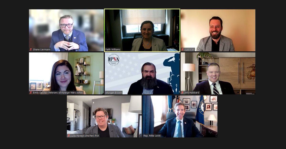 RepMikeLevin's tweet photo. Had a great listening session today with @VFWHQ, @DAVHQ, @PVA1946, @GIBillRights, and @studentvets. We’ve made a lot of progress for vets over the last few years, but there’s much more work to do! Looking forward to building on that work with my @VetAffairsDems colleagues. https://t.co/VufXer5mP7