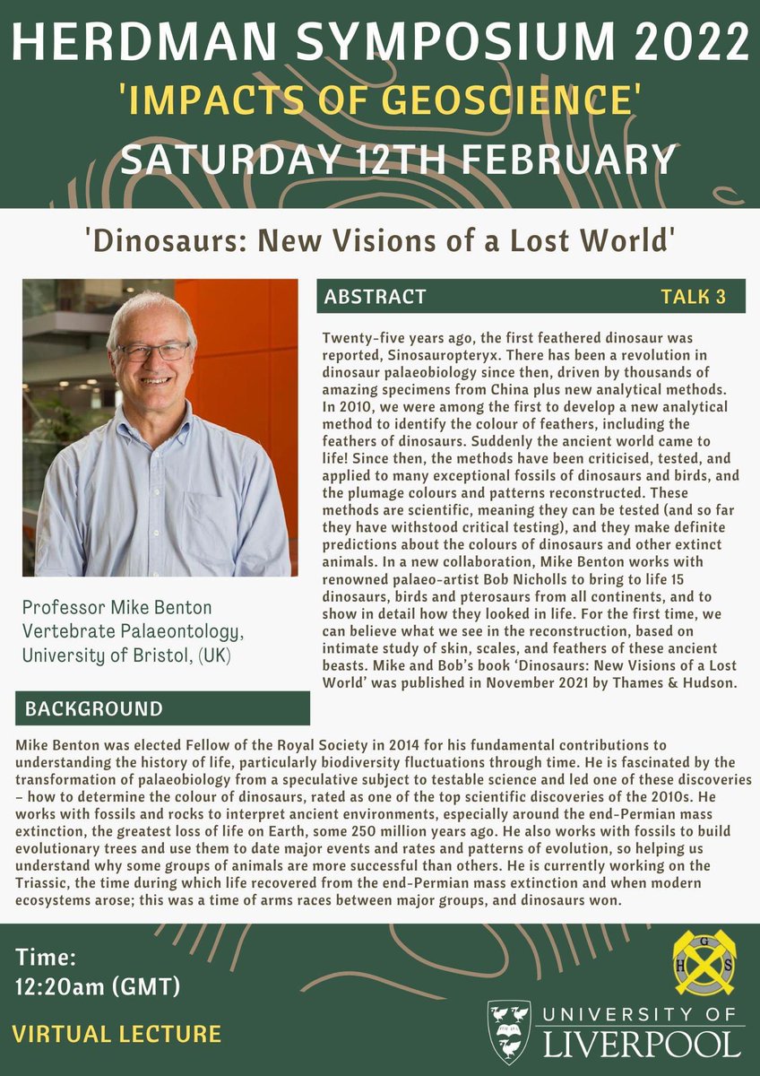 Our third speaker for the Impacts of Geoscience Herdman Symposium is Professor Mike Benton from the University of Bristol! 

Remember you can still register for our event on Saturday via the link below - 

Linktree Url: [linktr.ee/HerdmanSymposi…] 

#HerdmanSymposium2022
