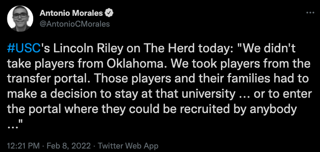JoeBuettner's tweet photo. Quotes from Lincoln Riley one year apart https://t.co/r94Afdw4le