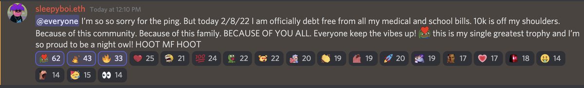 goudzila_eth's tweet image. @NightOwlsNFT has been changing lives since it's inception, here's proof by one of our OG's @sleepyboi_eth. Congratulations my brotha, lets keep growing this community! #HootHoot