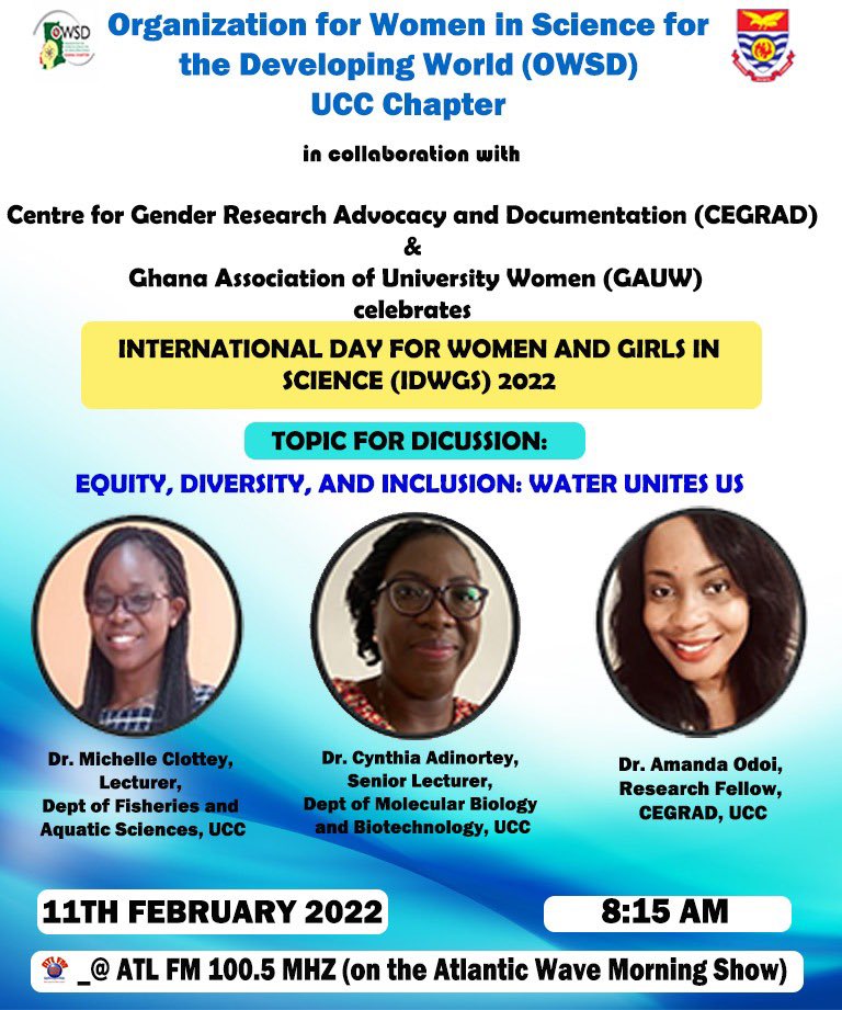 ceeadinortey's tweet photo. Join us live on radio and on Facebook live for an exciting discussion as we celebrate the 7th International Day for Women and Girls in Science (IDWGS).
Friday February 11, 2022 at 8.15 am on the Atl fm 100.5Mhz morning show.

 #february11 
 #WomenInScience https://t.co/l2xP9kPPSX