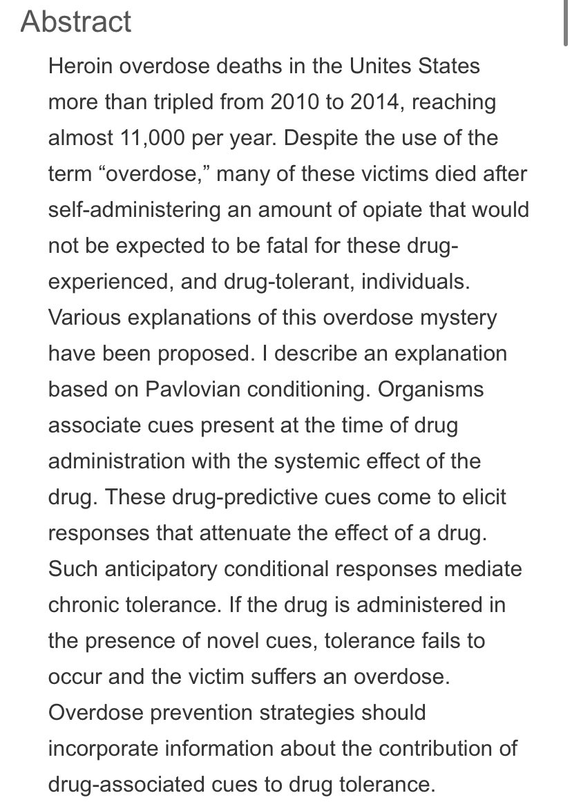 SixandLaura's tweet photo. “Despite the use of the term “overdose,” many of these victims died after self-administering an amount of opiate that would not be expected to be fatal…Various explanations of this…mystery have been proposed…an explanation based on Pavlovian conditioning.”

#underdose #opiates https://t.co/AbqofA36Va