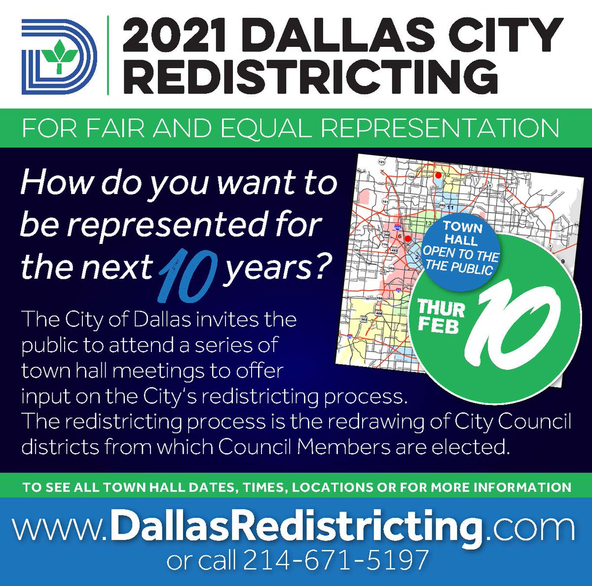 CityOfDallas's tweet photo. Join us this Thursday for a Virtual Town Hall regarding Dallas Redistricting. Visit https://t.co/i3P37BsJ5m for more information. Spanish interpreter will be present! https://t.co/VqUYCyoe25