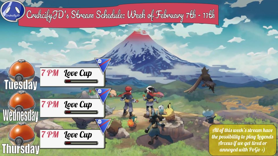 CruhcifyJD's tweet photo. New schedule for the week of Feb. 7th! Check it out at https://t.co/tWAzwlU6N6 👍 #pokemongo #twitch https://t.co/AyJmvh8BLp