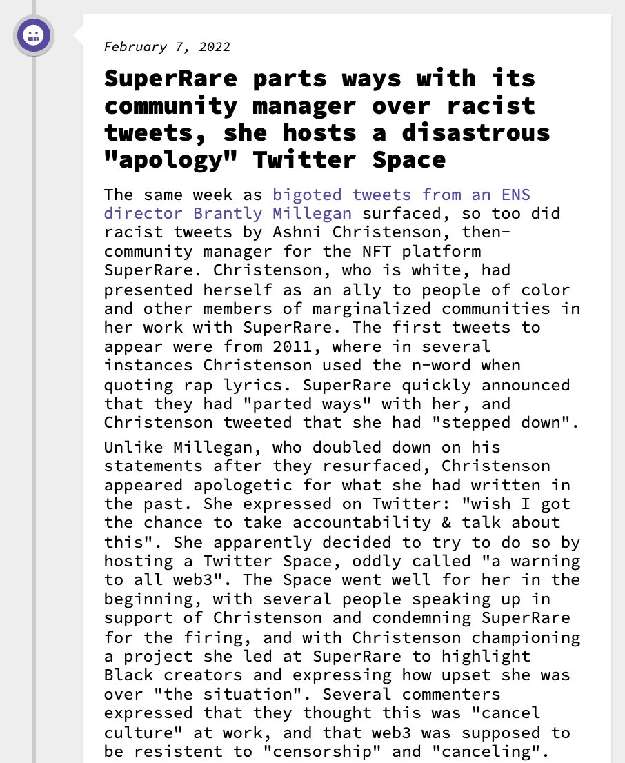 web3isgreat's tweet photo. SuperRare parts ways with its community manager over racist tweets, she hosts a disastrous "apology" Twitter Space

February 7, 2022
https://t.co/1vDbEm9PfU https://t.co/7vb1HaM9MH