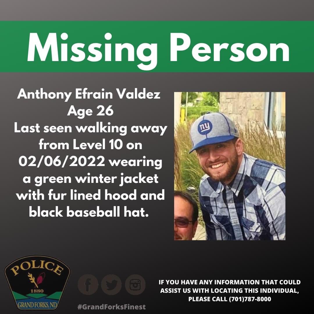 UNDPoliceDept's tweet photo. The @GrandForksPD is asking for community assistance in locating Anthony Valdez. If you have any information please contact the Grand Forks Police Department at 701-787-8000. https://t.co/MXm6rJ4QJD