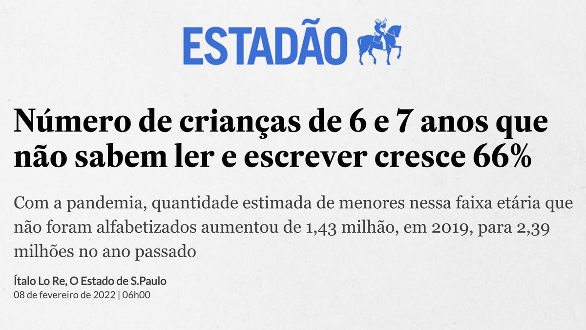 SF_Moro's tweet photo. Como filho de professores, me entristece ler que em 2 anos aumentou muito o número de crianças de 6 e 7 anos que não sabem ler. A alfabetização é a fase mais importante da infância. Vamos cuidar deste tema com carinho e responsabilidade, e recuperar o tempo perdido. https://t.co/Tx4b2IJ8qJ