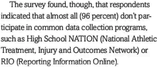 DatalysCenter's tweet photo. From the January 2022 NATA News issue: “…almost all (96 percent) don’t participate in common data collection programs,…” [Page 33] 

Contact us at the Datalys Center for opportunities to participate in our surveillance programs (NATION-SP, HS RIO)! #HSNATION #HSRIO #SSAT https://t.co/PrKCsvUcBZ
