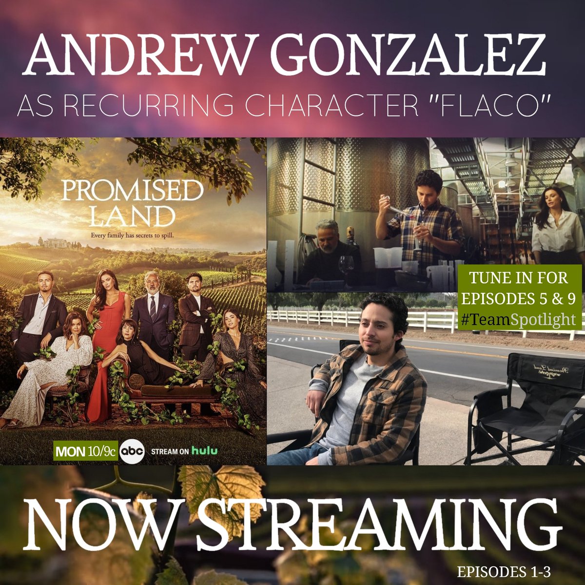 Spotlight_Mgmt's tweet photo. There's a right way to wine & a wrong way to whine ;) Grab a glass & check out #AndrewGonzalez as Recurring character Flaco in #ABC's new hit show @PromisedLandABC Airing Mon nites @ 10/9c or the next day on #Hulu &the #ABCapp #SpotlightManagement #RooneyCasting #ParkArtistsGroup https://t.co/PfTEBCl7ck