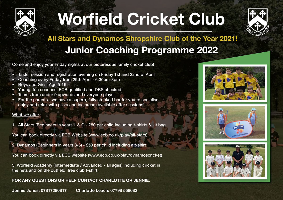 WorfieldCC's tweet photo. 🏏JUNIOR COACHING🏏

As the cricket season fast approaches, all the information you need for our 2022 junior coaching programme is listed below! 

Why not spend your Friday nights at the All Stars and Dynamos Shropshire Club of the Year 2021!🏏☀️ https://t.co/SUqbOd3MPn