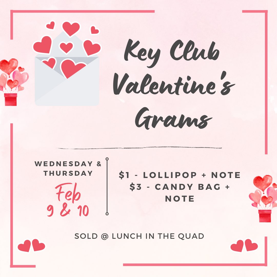 ElRanchoKeyClub's tweet photo. Hey hey hey ER students! Got a bae?💏 Gift them a Valentine’s gram!💌 We’ll be selling tomorrow and Thursday in the quad @ lunch!!😍 https://t.co/GyOScMCT8X