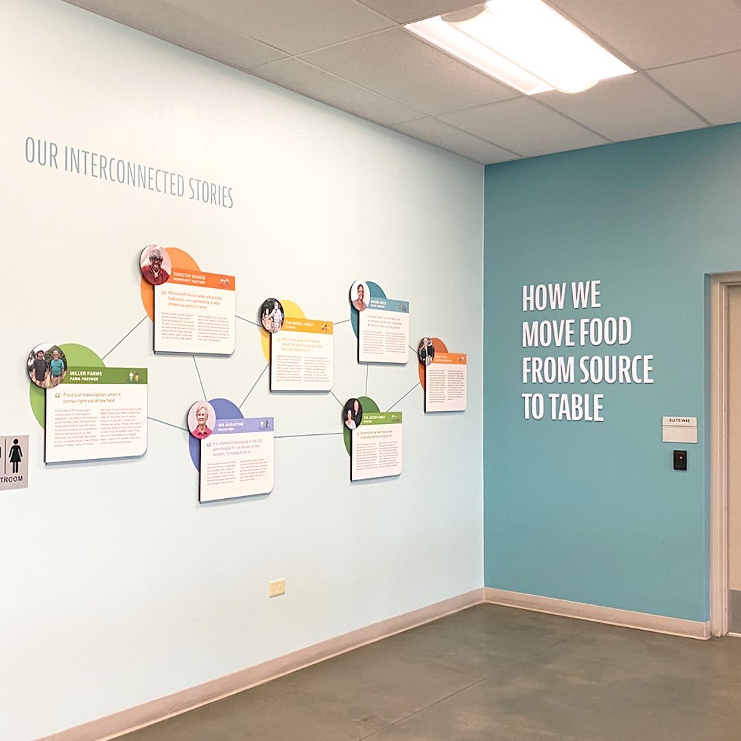 Eighty2degrees's tweet photo. #TransformationTuesday afters &amp; befores of @foodbankmetrodc’s volunteer break room. The storytelling and thank-you walls we created use vibrant, thoughtful, on-brand #graphicdesign to enliven the space &amp; forge stronger relationships with volunteers. #environmentalgraphics #design https://t.co/t0tRF3xMPt
