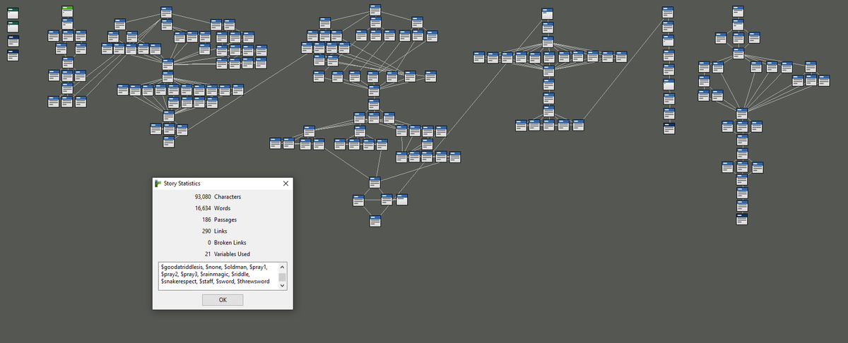 TapeSoft's tweet photo. WNCAY?AFQ is going to be five years old this month (god) so I've been digging through its files and I found the Twine file I wrote it in. Fun to see it all laid out (also shouts out to the variable "snakerespect") https://t.co/ozf6PTexdA