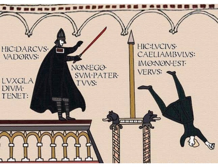 Classics_Grange's tweet photo. Bayeux Tapestry meets Star Wars. Can you work out what it says? I love ‘luxgladius’ for ‘lightsaber’.🗡 Try to find the part that says, ‘I am your father.’ 😃 #classics #latin #grangeschool #starwars #bayeuxtapestry https://t.co/MqtUfw6kqS