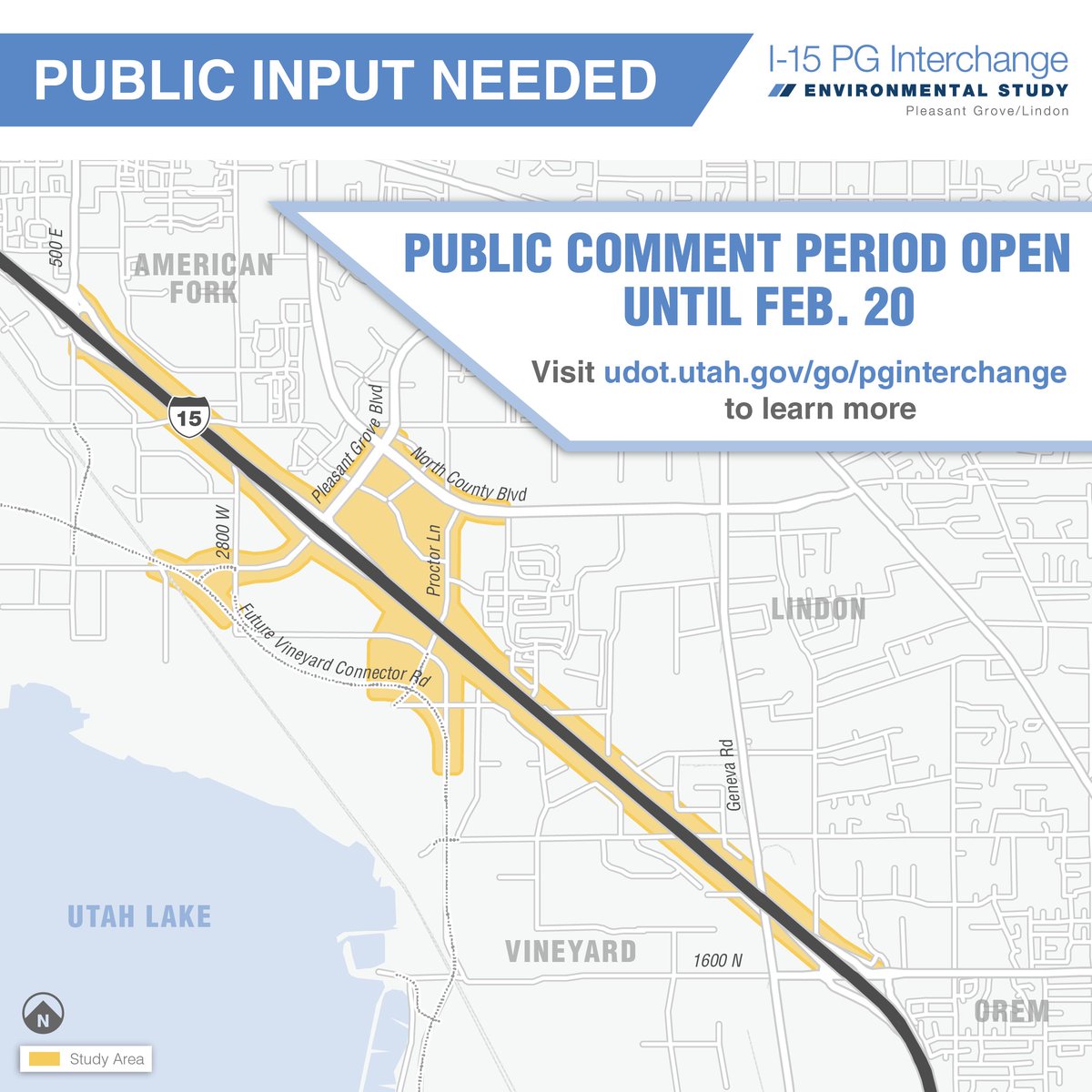 UDOT is looking at long-term solutions for the I-15 Pleasant Grove Boulevard Interchange area and we would like your feedback. Visit udot.utah.gov/go/pginterchan… for project info and to submit your comments. The comment period closes Feb. 20. <a href="/pleasantgroveut/">Pleasant Grove City</a> <a href="/Lindon_Info/">Kathy Moosman</a> <a href="/UtahDOT/">Utah DOT</a>