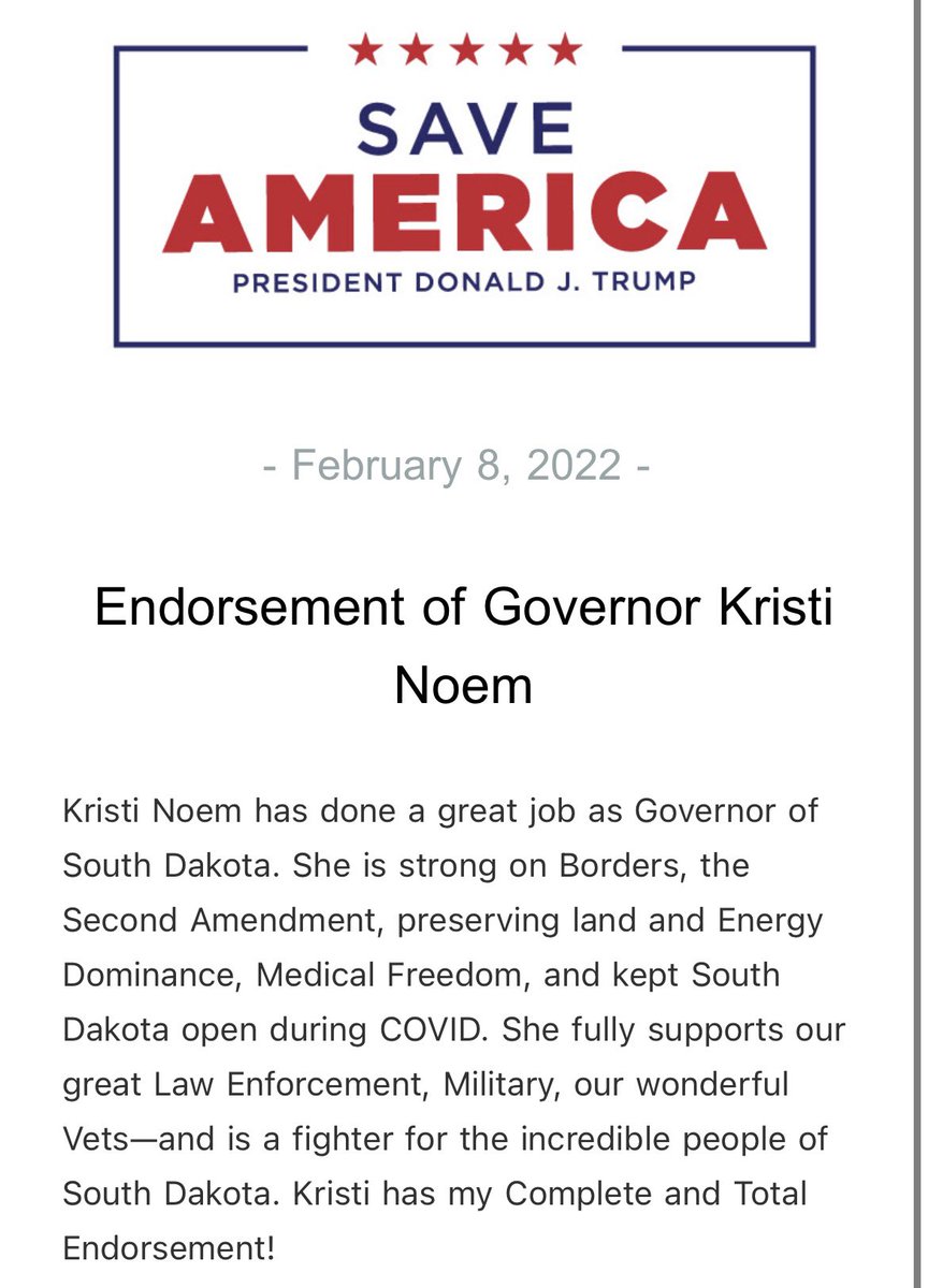 RSBNetwork's tweet photo. Endorsement of Governor Kristi Noem https://t.co/zJlMmPiDML